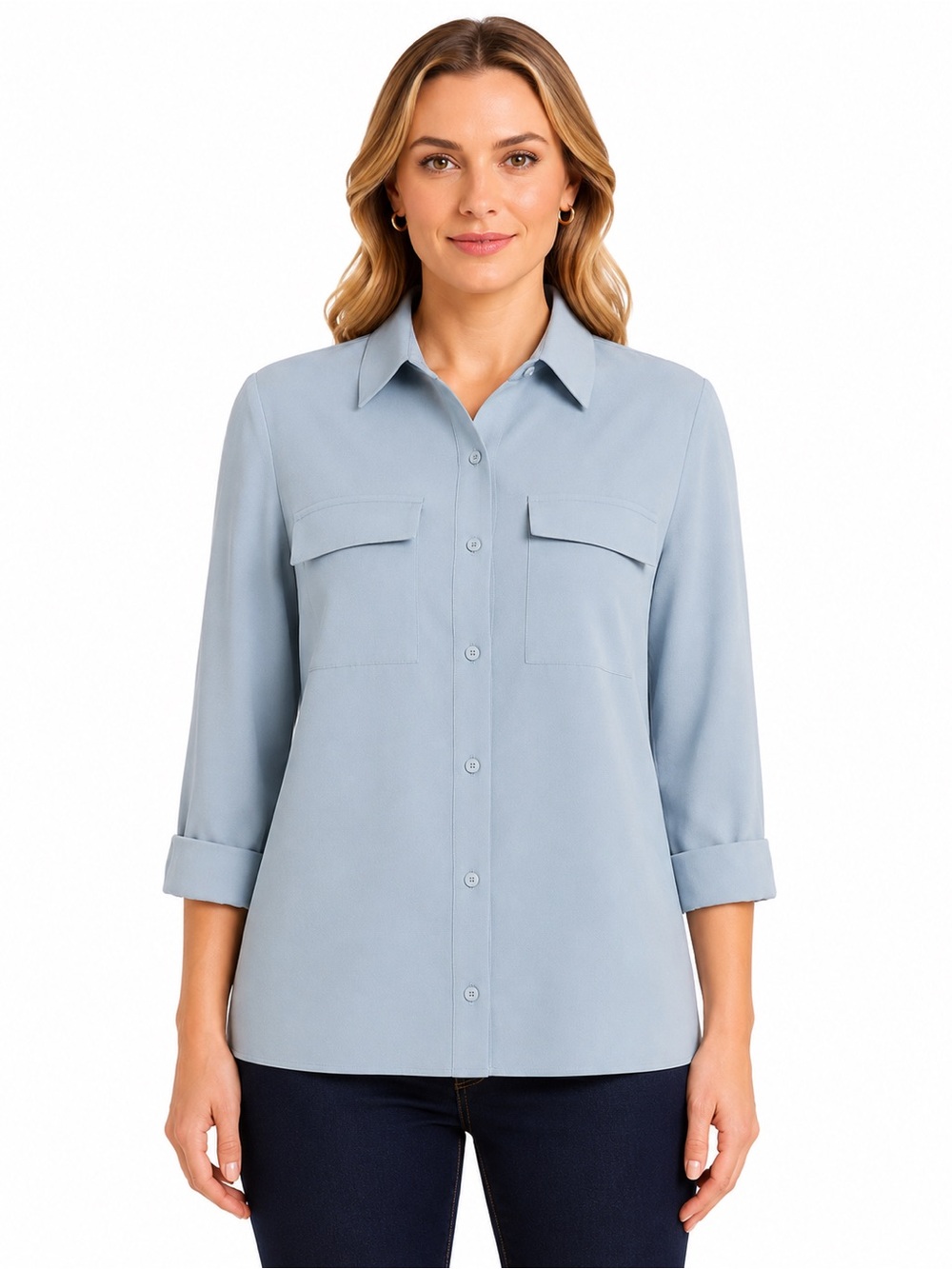 Hilary Radley Light Blue Button-Front Collared Shirt